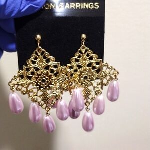 Women's Gold-tone Diamond Shape Filigree Design Beaded Drop Dangle Earrings, #3